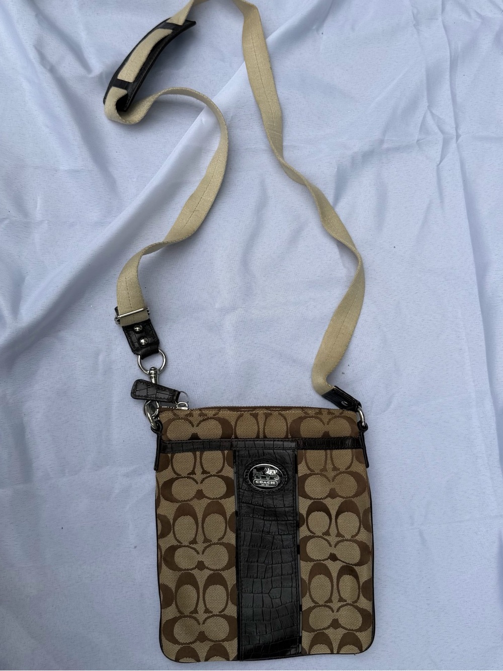 Coach Brown Legacy Signature Crossbody with Black Trim and Beige Strap